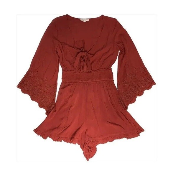 American Eagle Red Tie Front Bell Sleeve Romper Women’s Size Small - Picture 3 of 12